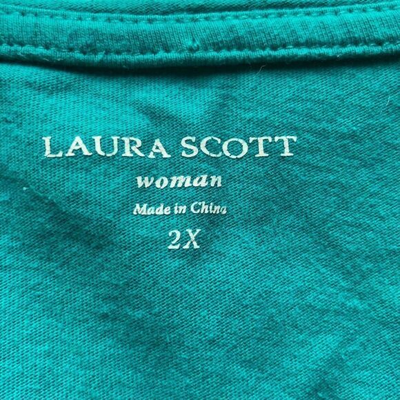 Laura Scott Fancy t shirt turquoise floral short sleeve embellished 2X - Picture 3 of 6